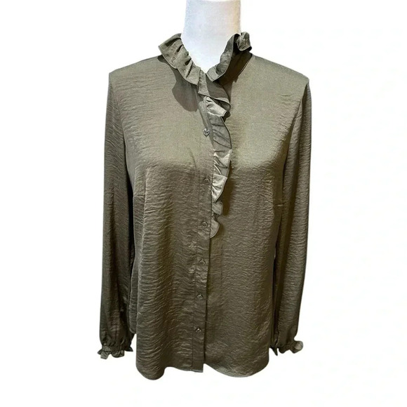 CAbi Icon Blouse Long Sleeve Ruffle Button Down Size S Olive Green - Picture 2 of 6